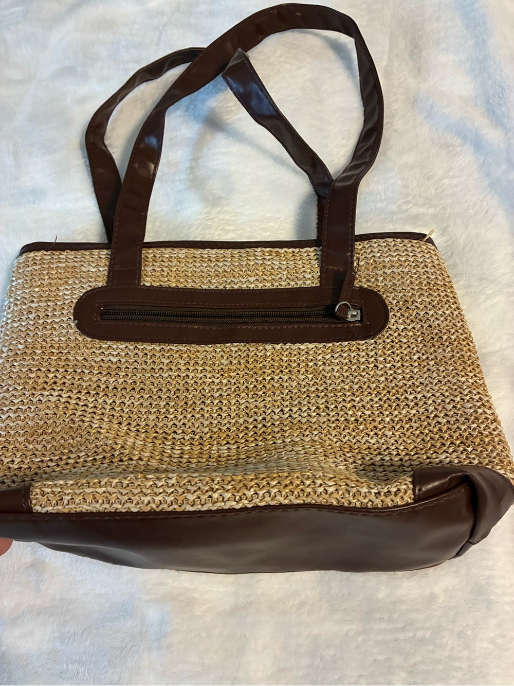 Country Store Woven Straw Tote Bag with Brown Trim